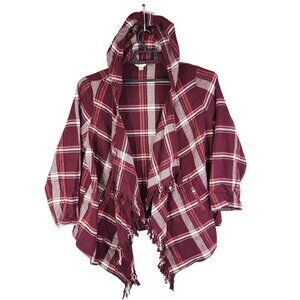 Womens Cato Burgundy White Plaid Hooded Fringe Cardigan Jacket Size 18/20W